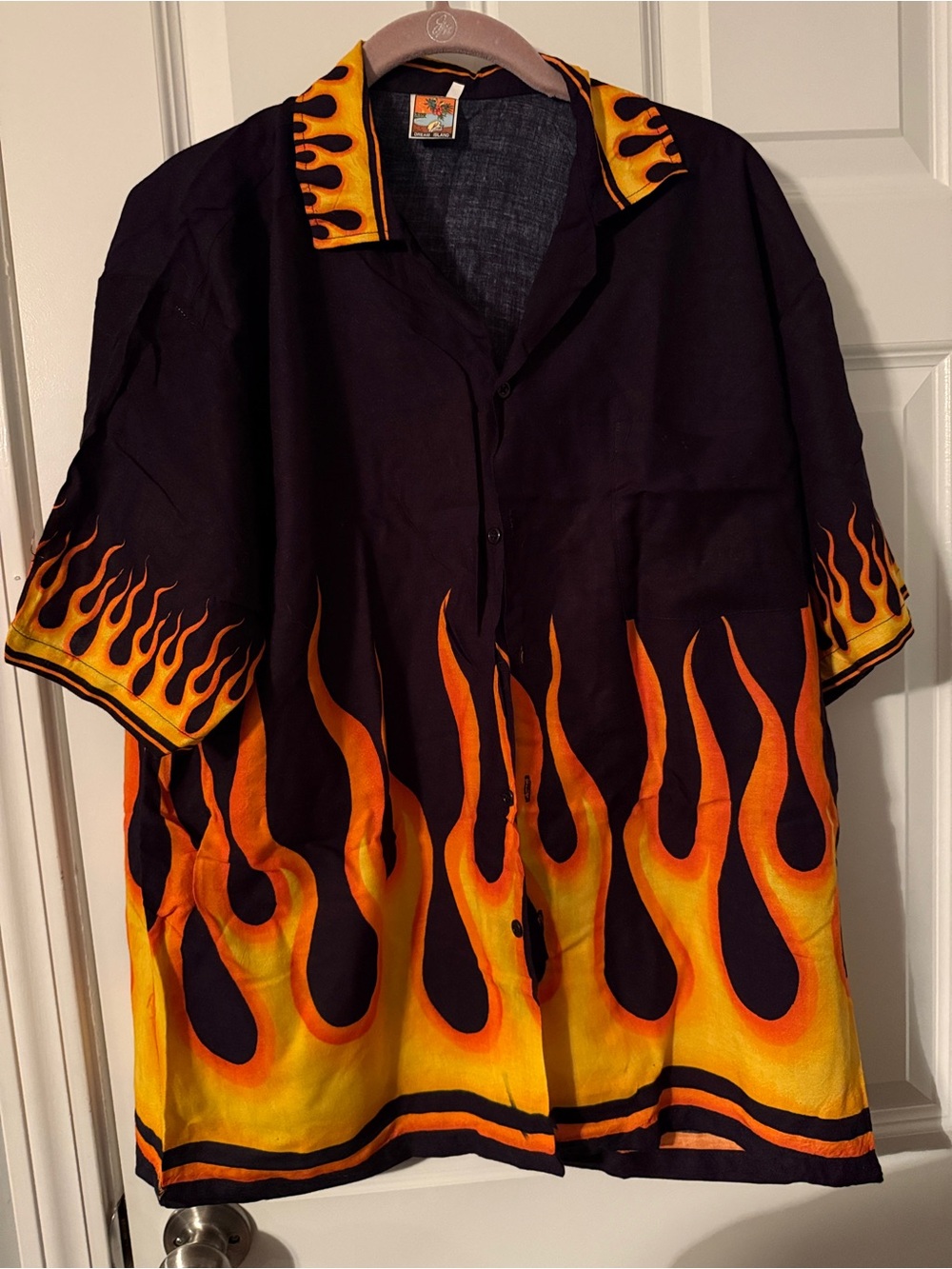 Unbranded Men's Black Button-Down Shirt with Orange Flame Print